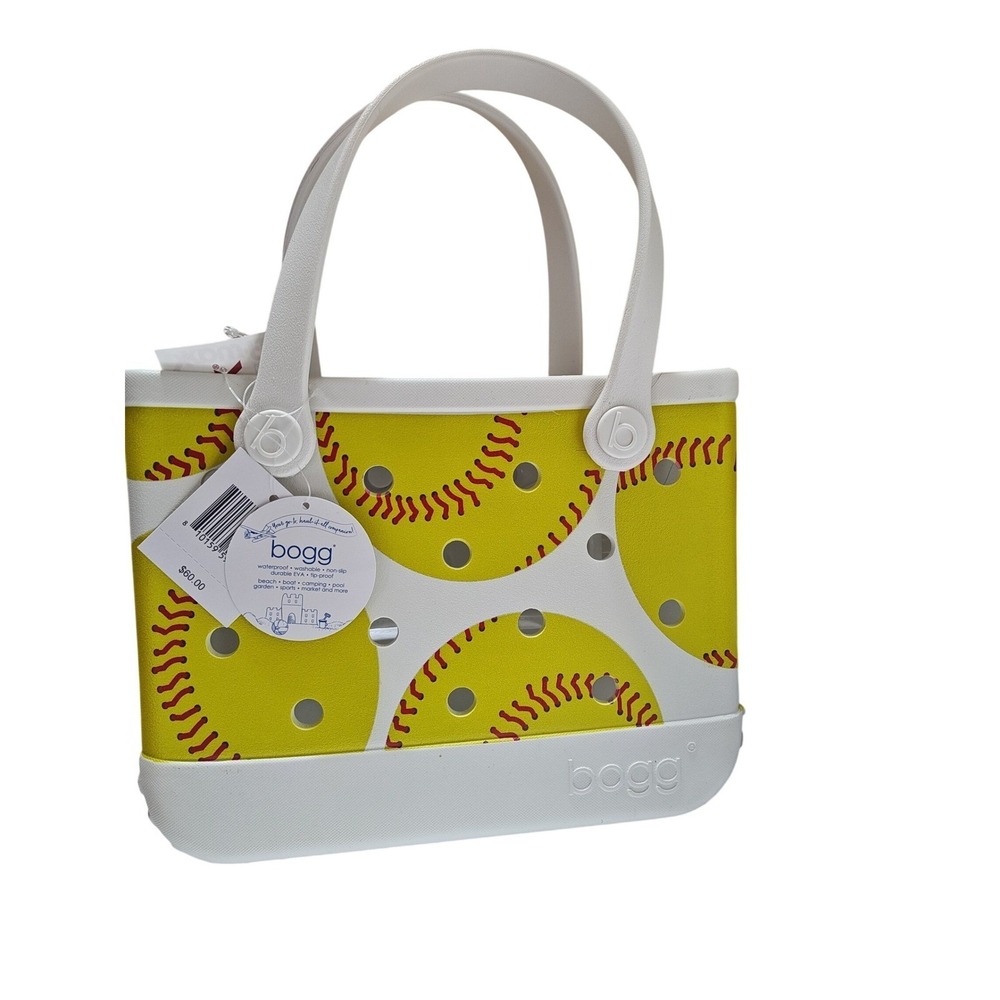 Bogg Bag Bitty Baby Bogg Tote Yellow Softball‎ Print White Trim EVA Rubber Bag
